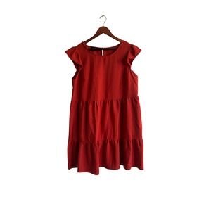 AGB Dress Red Tiered Babydoll Flutter Sleeve Pom Pom Trim Mini Dress XL 0334M25